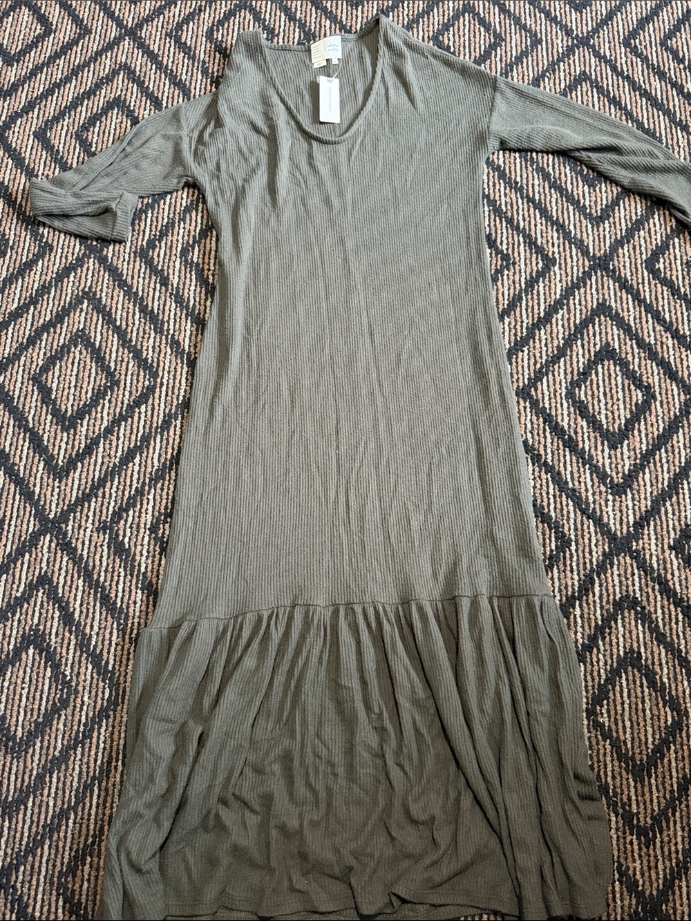 Anthropologie Olive Green Ribbed Maxi Dress with Ruffle Hem